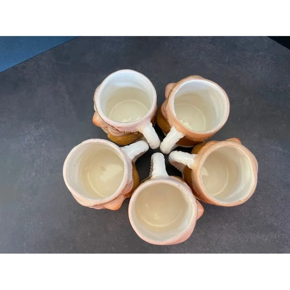 Vintage Praying Friar Monk Ceramic Decanter and 5 Shot Glass Mugs Set Tan